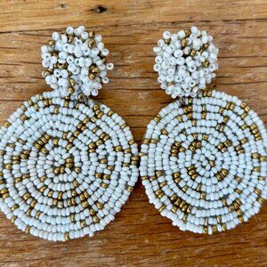 Beaded Dangle Earrings: White and Gold Seed Beads